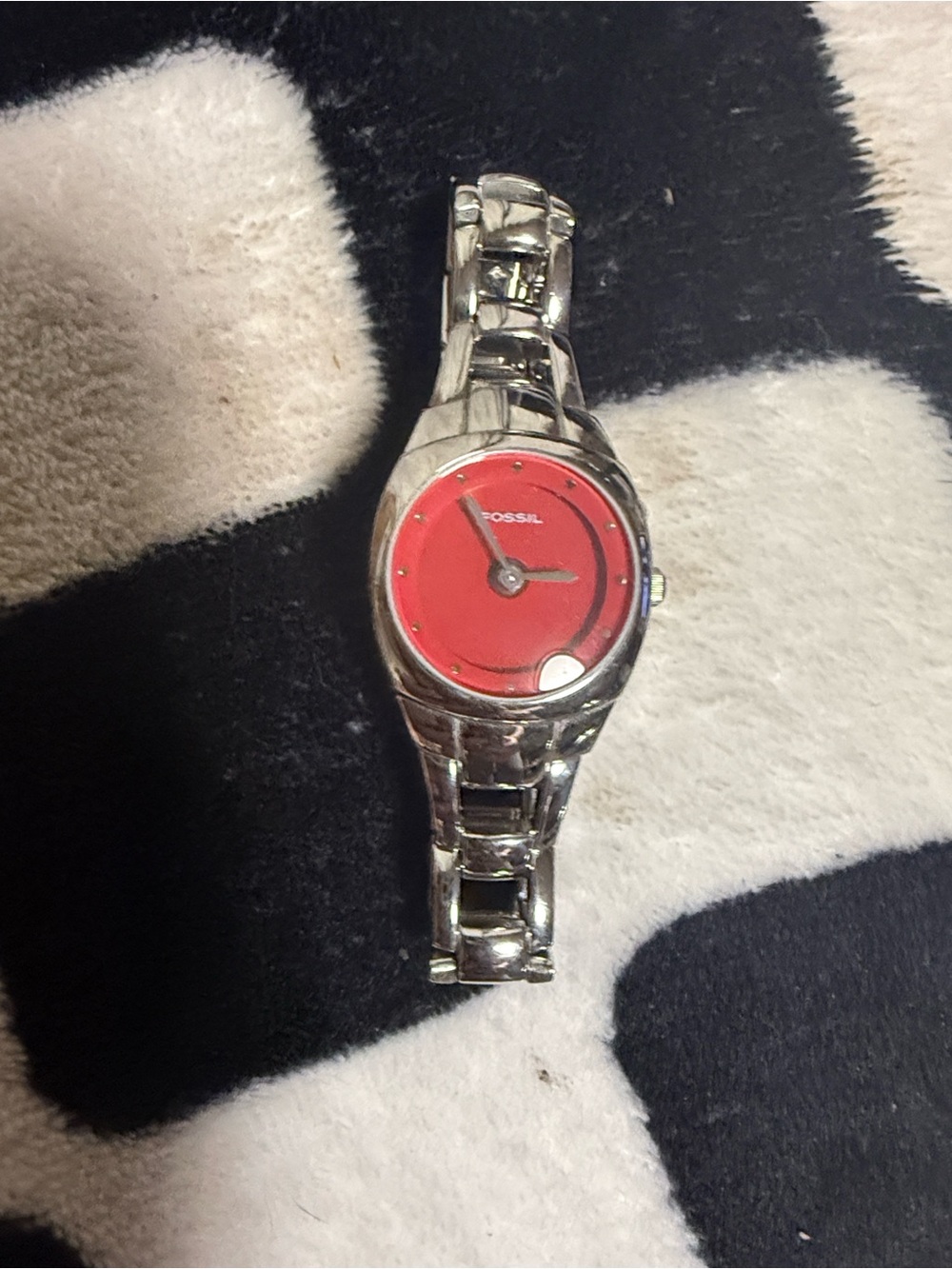 Fossil Silver-Tone Bracelet Watch with Red Dial